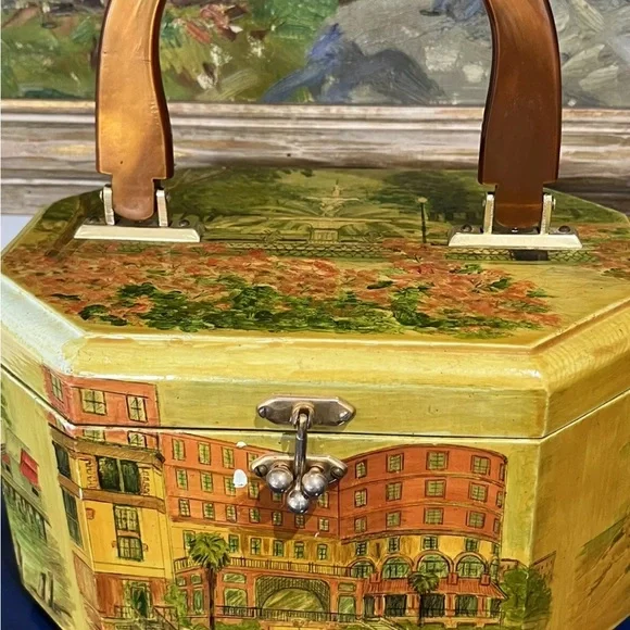 Floral Building Scenic Wood Box Purse Bag Pink Orange Green Vintage 60s 70s - Picture 2 of 8